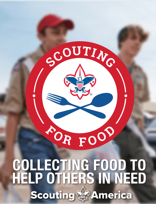 Scouting for Food Logo over image of Scouts carrying bags of food with a cutline "Collecting Food to Help Others in Need"